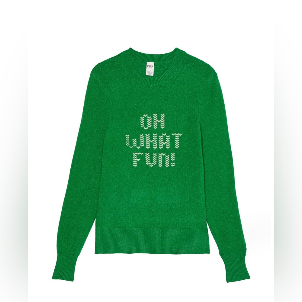 VS Pink Collegiate Knit Crewneck Holiday Sweater Verdant Green Size Med. NWT💚🤍 - Picture 4 of 6